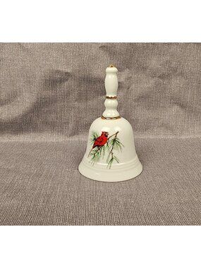 Vintage Ceramic Bell With Cardinal Design & Gold Accents 5.5" Tall Signed Interi